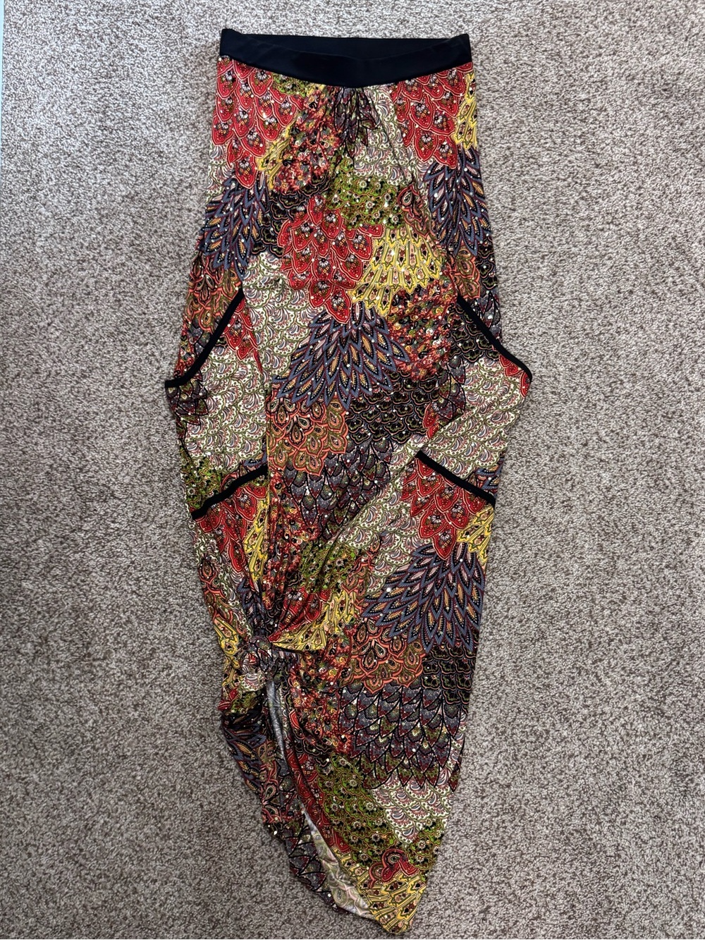 UNALUNA Boho Maxi Skirt with Multicolor Paisley Print & Studs Sz M